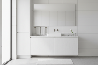 Film adhésif bois peint blanc Crispy White Cover Styl NF17 posé sur meuble de salle de bain