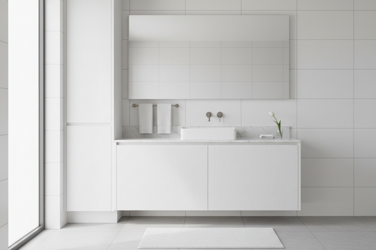 Film adhésif bois peint blanc Crispy White Cover Styl NF17 posé sur meuble de salle de bain