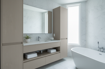 Film adhésif imitation bois peint gris colombe Cover Styl NF23 posé sur meuble de salle de bain