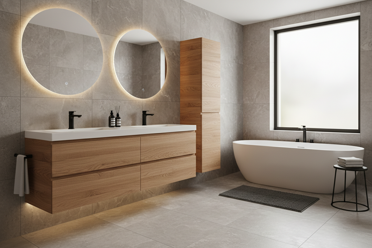 Film adhésif imitation chêne rouge medium Cover Styl NF39 posé sur meubles de salle de bain