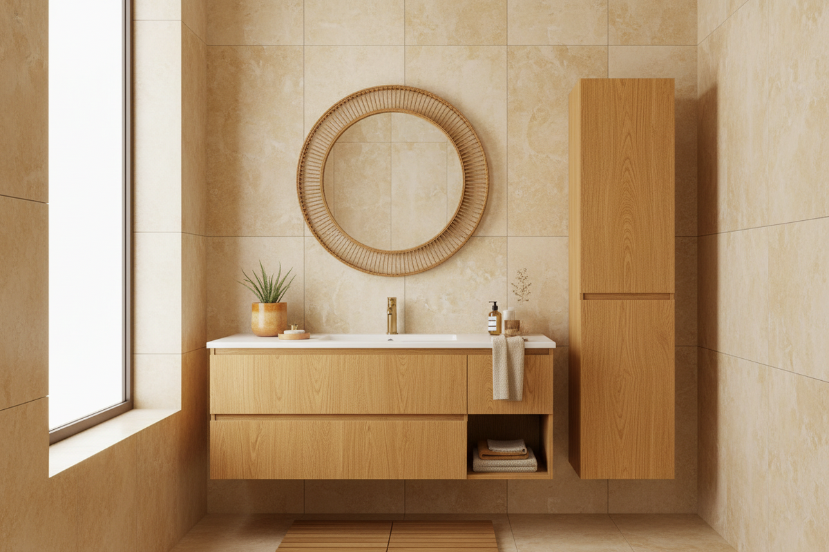 Film adhésif imitation chêne jaune medium Cover Styl NF48 posé sur meubles de salle de bain