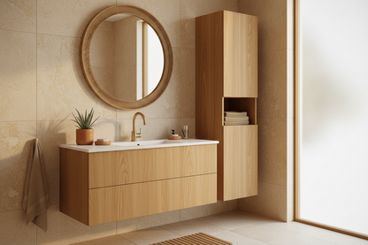 Film adhésif imitation bois Honey Comb medium Cover Styl NF61 posé sur meubles de salle de bain