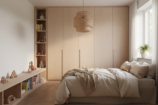 Film adhésif imitation hêtre beige clair Cover Styl NF72 posé sur meubles chambre enfant