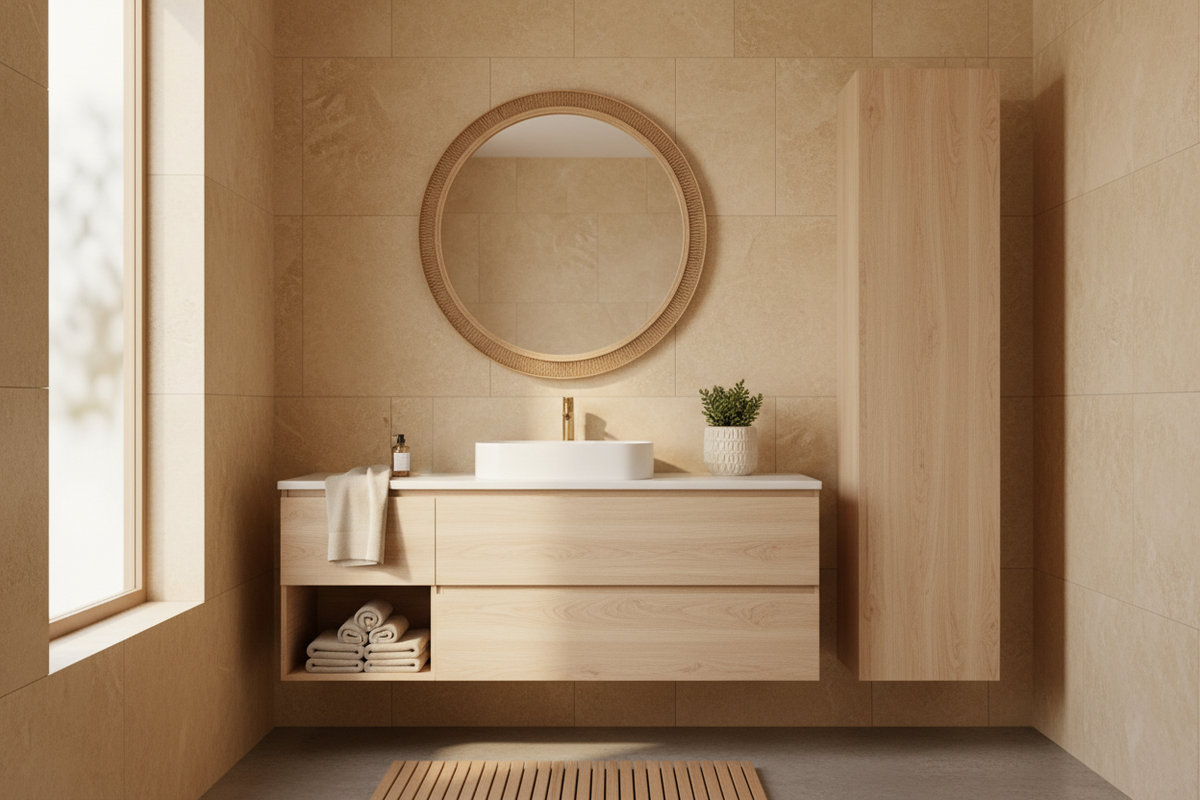 Film adhésif imitation hêtre beige clair Cover Styl NF72 posé sur meuble salle de bain