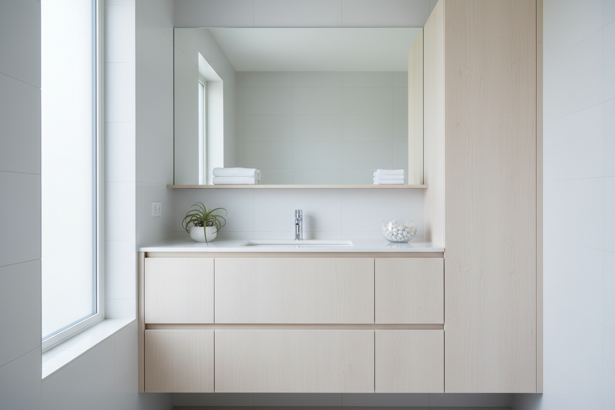 Film adhésif imitation chêne clean clair Cover Styl NF85 posé sur meubles de salle de bain
