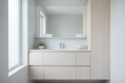 Film adhésif imitation chêne clean clair Cover Styl NF85 posé sur meubles de salle de bain