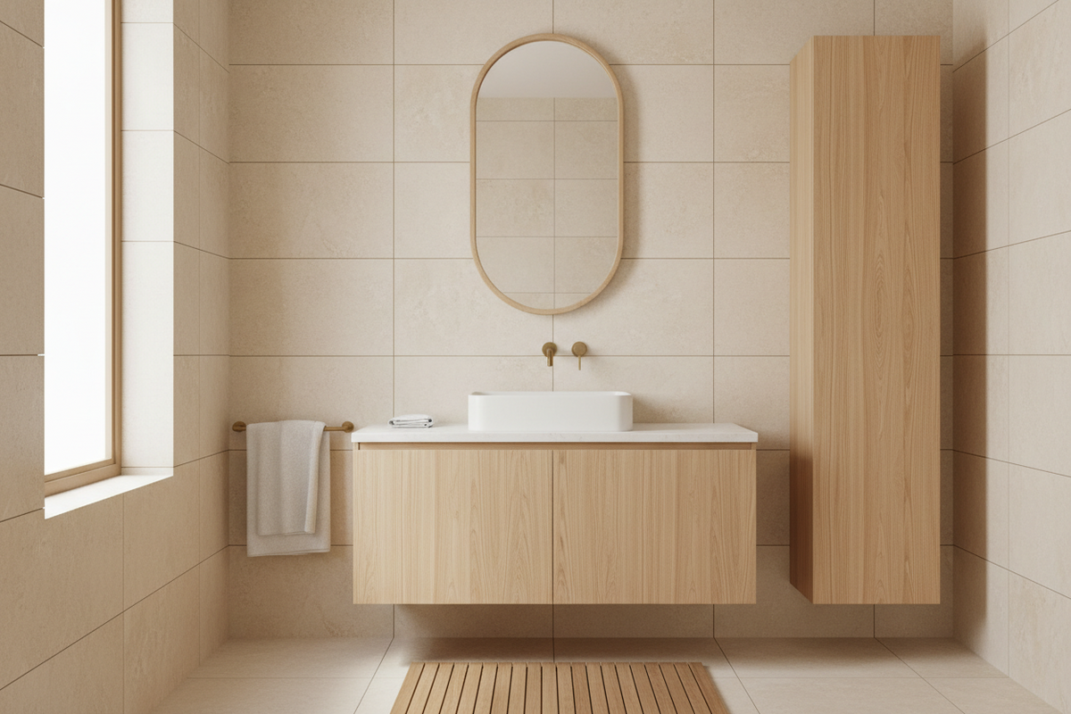Film adhésif imitation frêne sablé clair Cover Styl NF90 posé sur meuble salle de bain