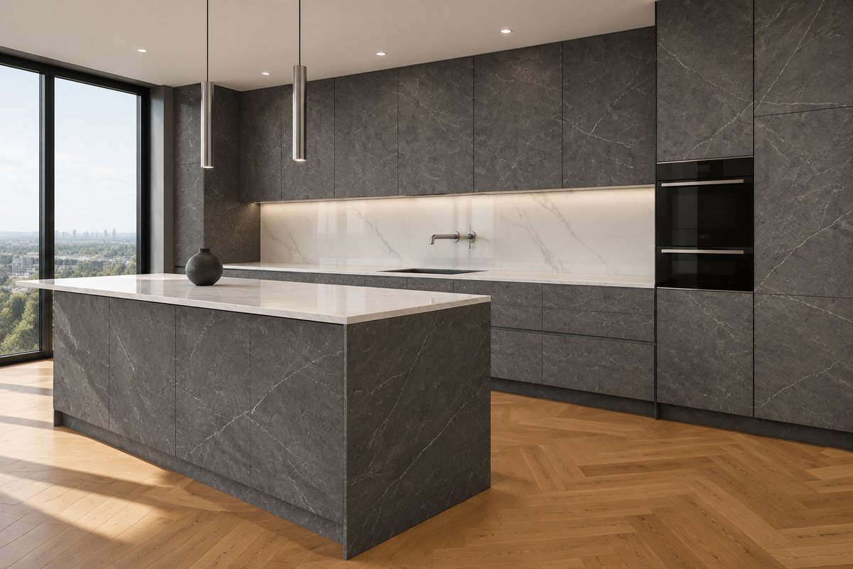 Film adhésif effet marbre Armani Gris Cover Styl NF97 posé sur façades de cuisine