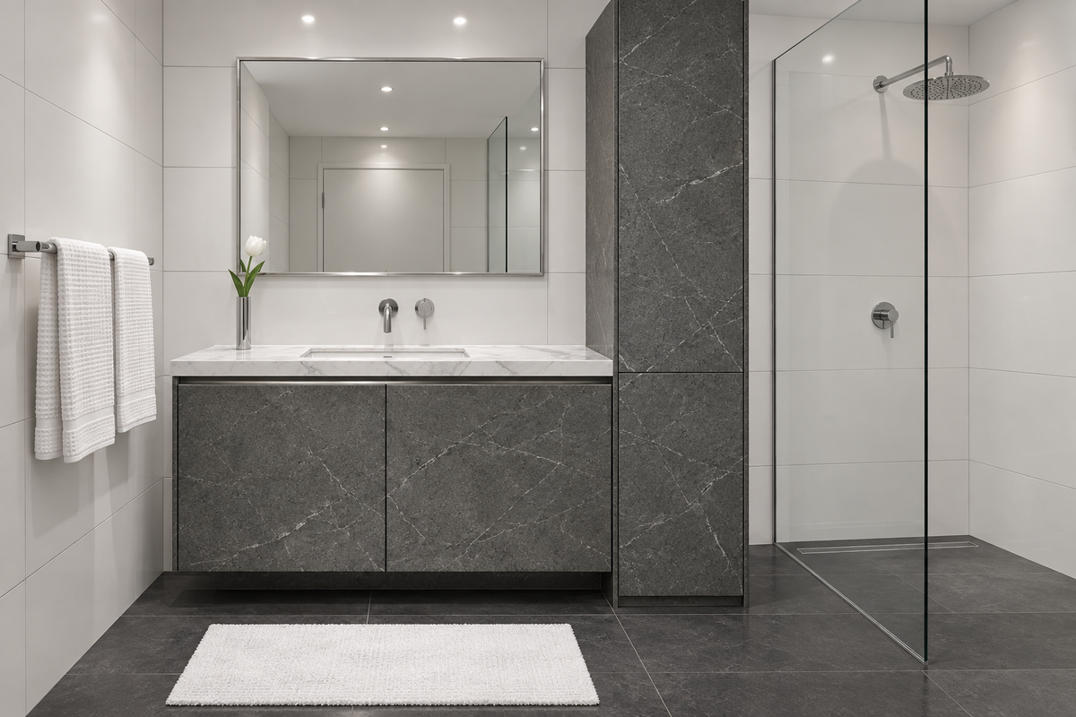 Film adhésif effet marbre Armani Gris Cover Styl NF97 posé sur meuble de salle de bain