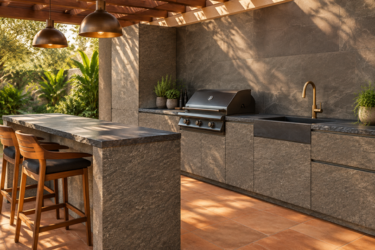 Film adhésif effet granit quartzite gris-brun Cover Styl NH38 posé sur façades cuisine extérieure