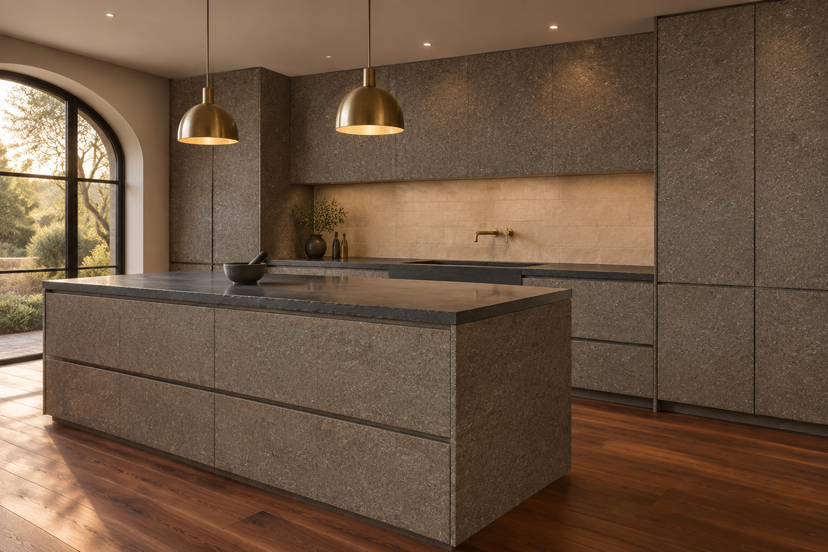 Film adhésif effet granit quartzite gris-brun Cover Styl NH38 posé sur façades de cuisine