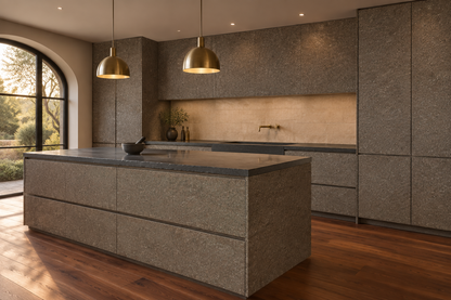 Film adhésif effet granit quartzite gris-brun Cover Styl NH38 posé sur façades de cuisine