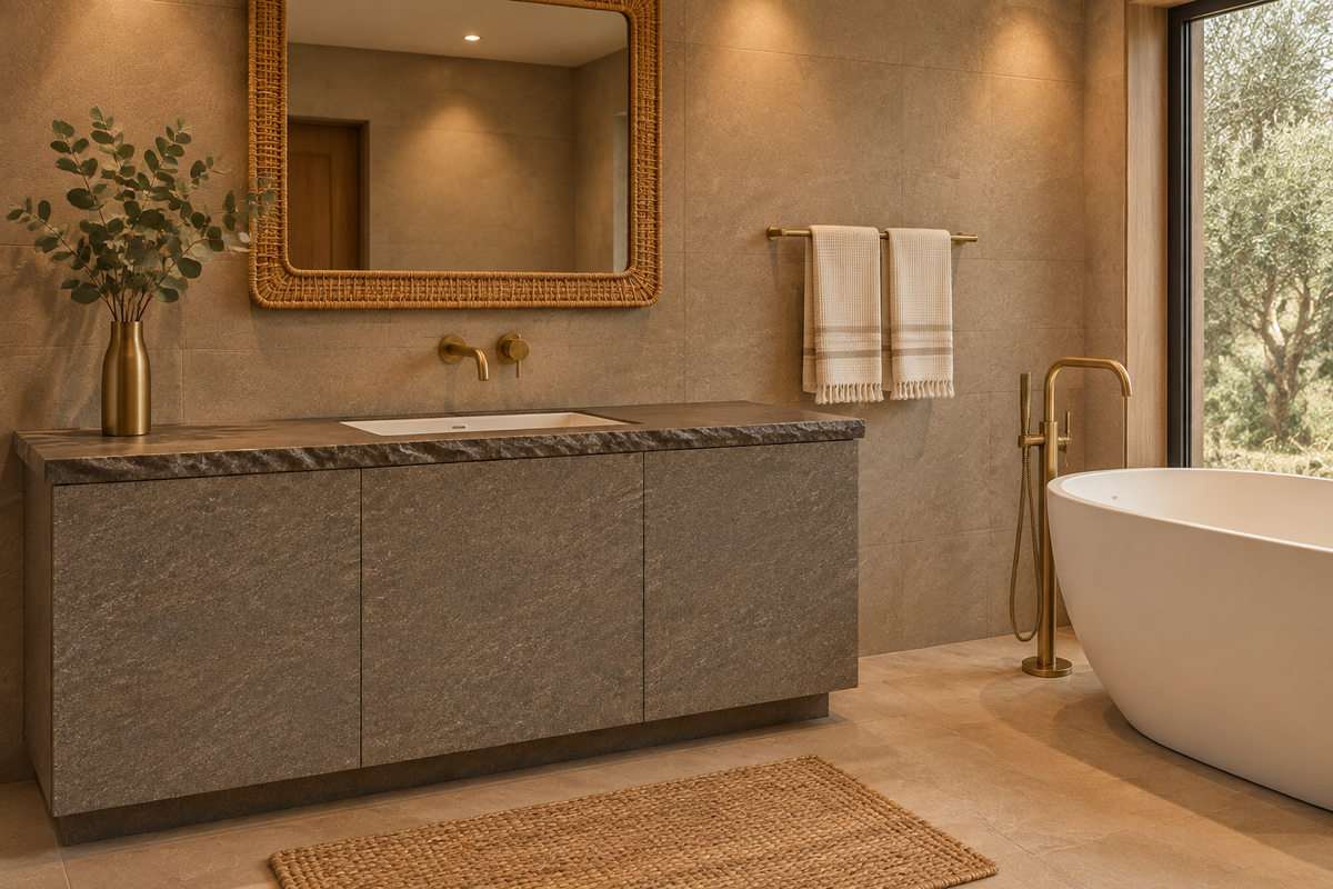 Film adhésif effet granit quartzite gris-brun Cover Styl NH38 posé sur meuble de salle de bain