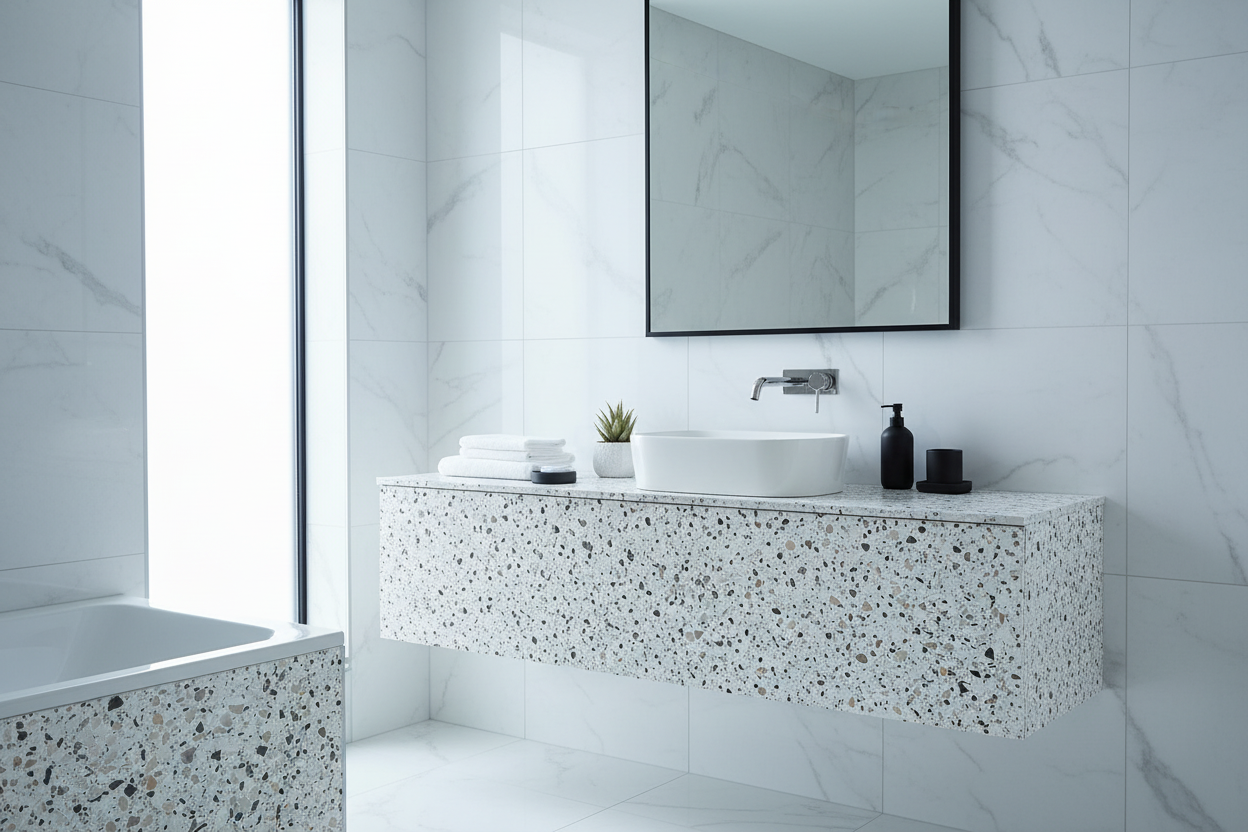 Film adhésif imitation terrazzo Cover Styl NH43 noir mélangé posé sur meuble de salle de bain
