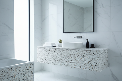 Film adhésif imitation terrazzo Cover Styl NH43 noir mélangé posé sur meuble de salle de bain
