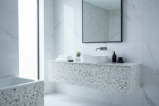 Film adhésif imitation terrazzo Cover Styl NH43 noir mélangé posé sur meuble de salle de bain