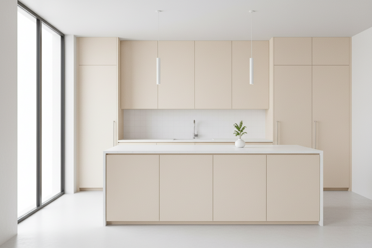 Film adhésif effet stucco blanc Cover Styl NH49 posé sur façades de cuisine