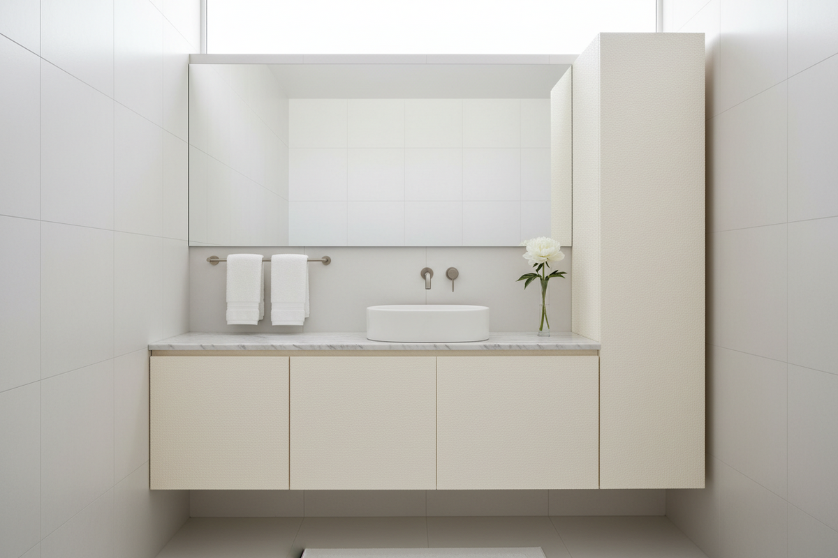 Film adhésif effet stucco blanc Cover Styl NH49 posé sur meuble de salle de bain
