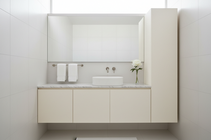 Film adhésif effet stucco blanc Cover Styl NH49 posé sur meuble de salle de bain