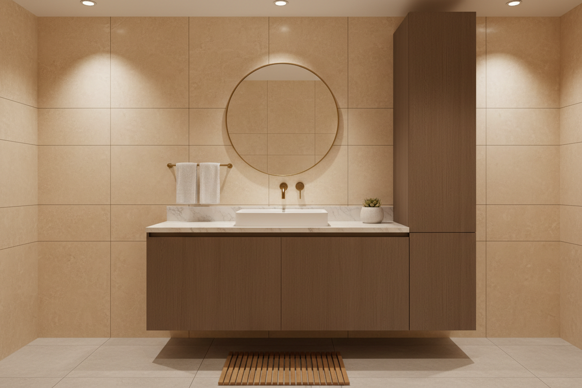 Film adhésif bois peint Mocha Mist Cover Styl NH55 posé sur meuble de salle de bain