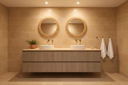 Film adhésif imitation bois Eucalyptus Grove medium Cover Styl NH74 posé sur meubles de salle de bain