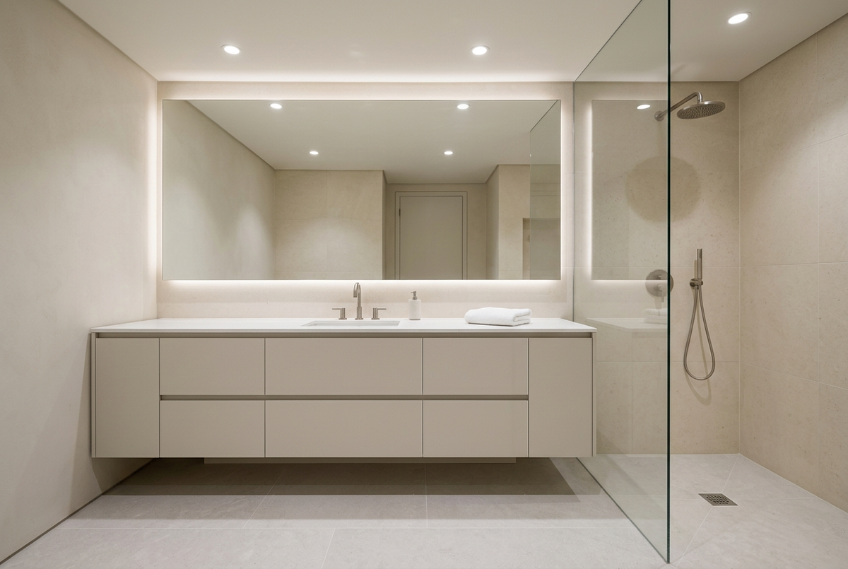 film adhésif décoratif Cover Styl NK02 Greige gris-beige posé sur meuble de salle de douche