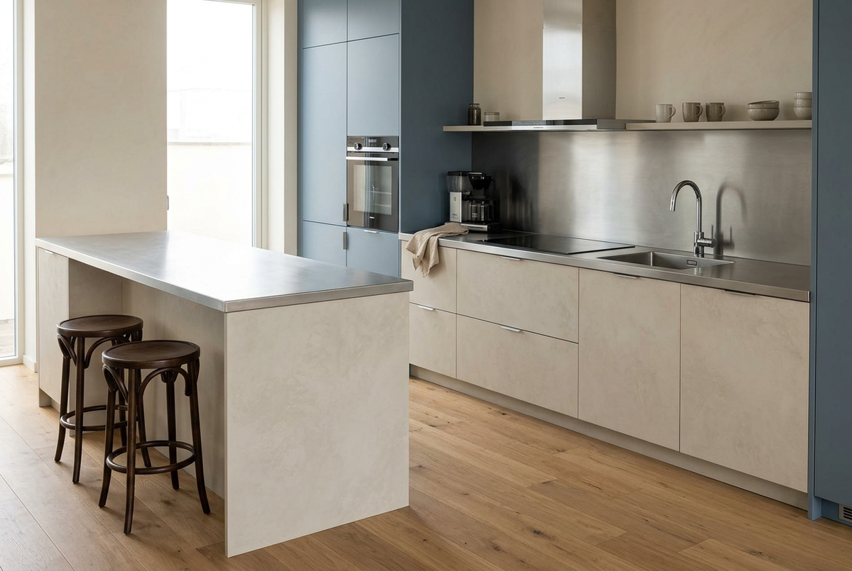 Film adhésif décoratif Cover Styl NK10 Microciment osseux, décor ciment beige clair aux nuances ivoire et finition Standard mate pour meubles et façades de cuisine.

