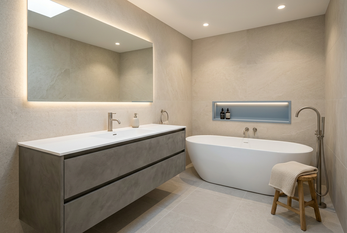 Film adhésif décoratif Cover Styl NK13 Microcement Dark, décor ciment gris foncé aux nuances discrètes et finition Standard mate pour meubles de salle de bain.