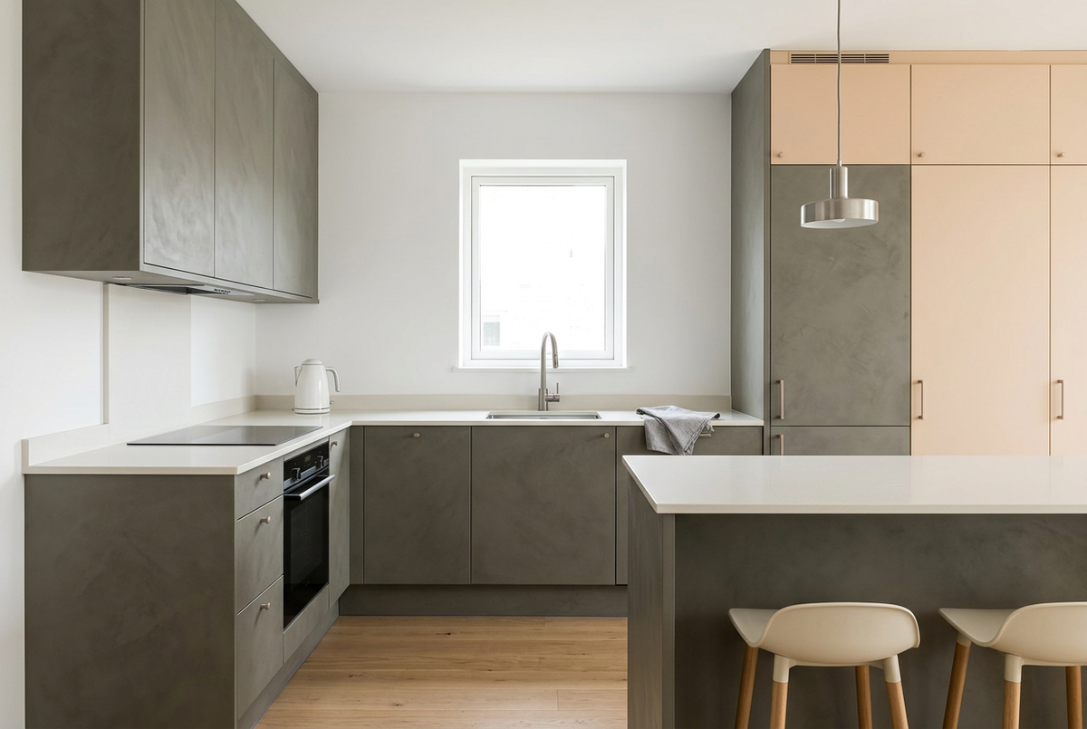 Film adhésif décoratif Cover Styl NK13 Microcement Dark, décor ciment gris foncé aux nuances discrètes et finition Standard mate pour meubles et façades de cuisine.
