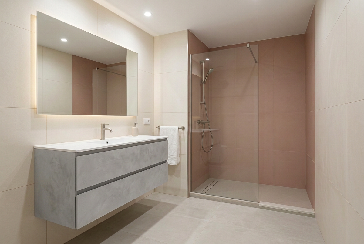 Film adhésif décoratif Cover Styl NK14 Microciment gris, décor ciment gris aux nuances douces et finition Standard mate pour meubles de salle de bain.