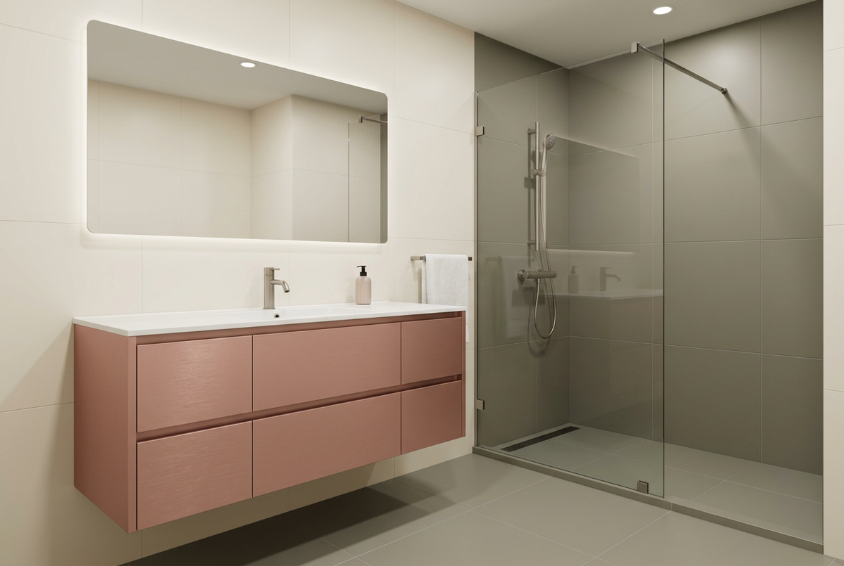 Film adhésif décoratif Cover Styl NK25 Suede Rose, décor effet acier brossé rose, finition Standard et effet de surface Soie pour meubles de salle de bain.