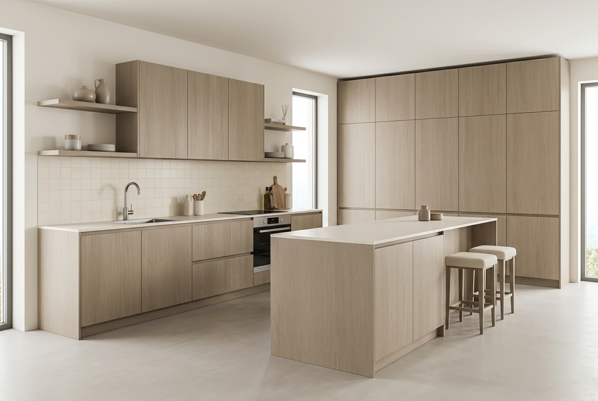 Film adhésif décoratif Cover Styl NK40 Chêne de silex beige, veinage en longueur et finition Prestige mate pour meubles et façades de cuisine.
