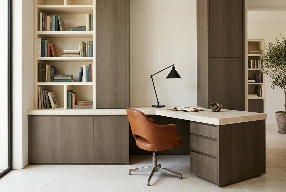 Film adhésif décoratif Cover Styl NK42 Chêne fumé brun, veinage longitudinal et finition Prestige mate pour meubles de bureau. 