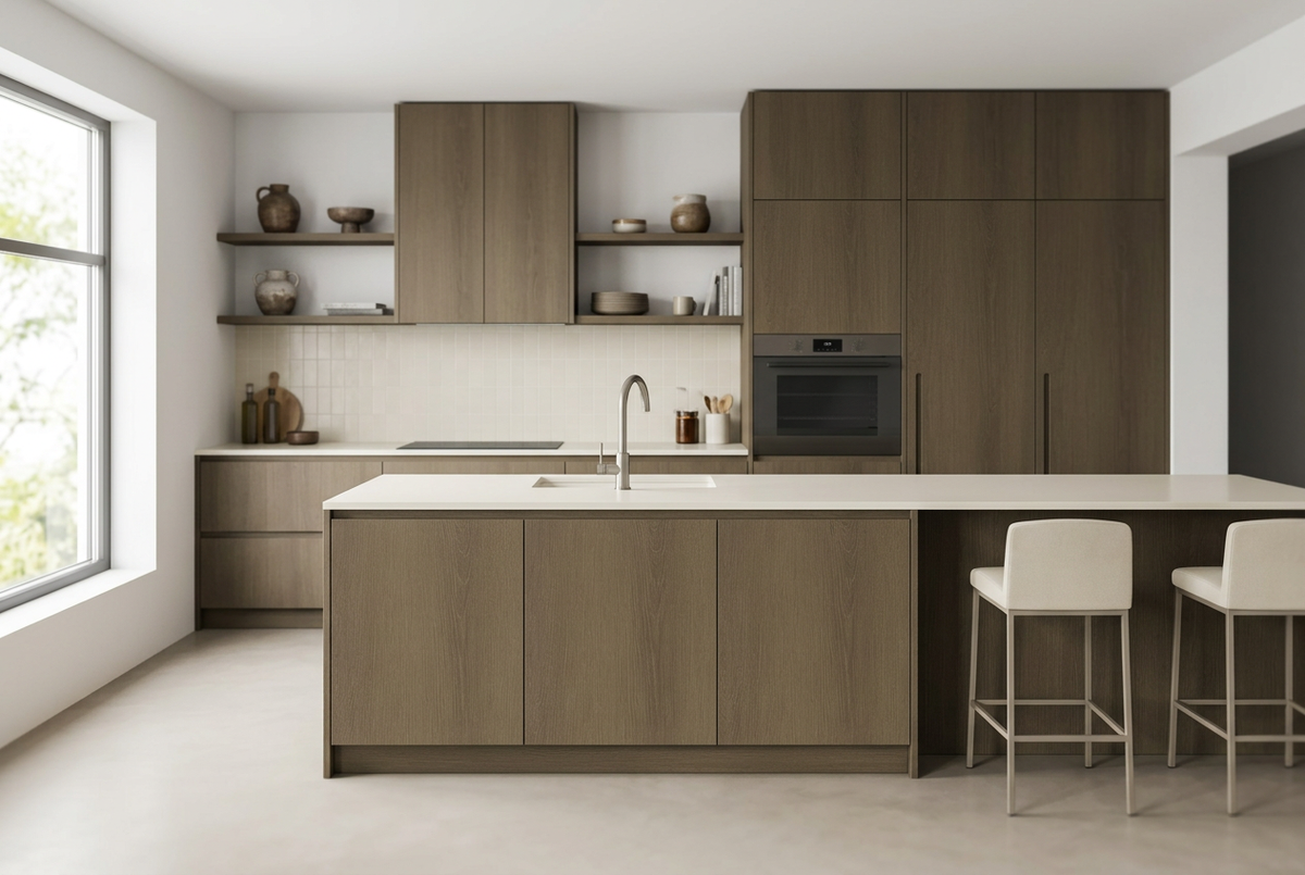 Film adhésif décoratif Cover Styl NK42 Chêne fumé brun, veinage longitudinal et finition Prestige mate pour meubles et façades de cuisine.
