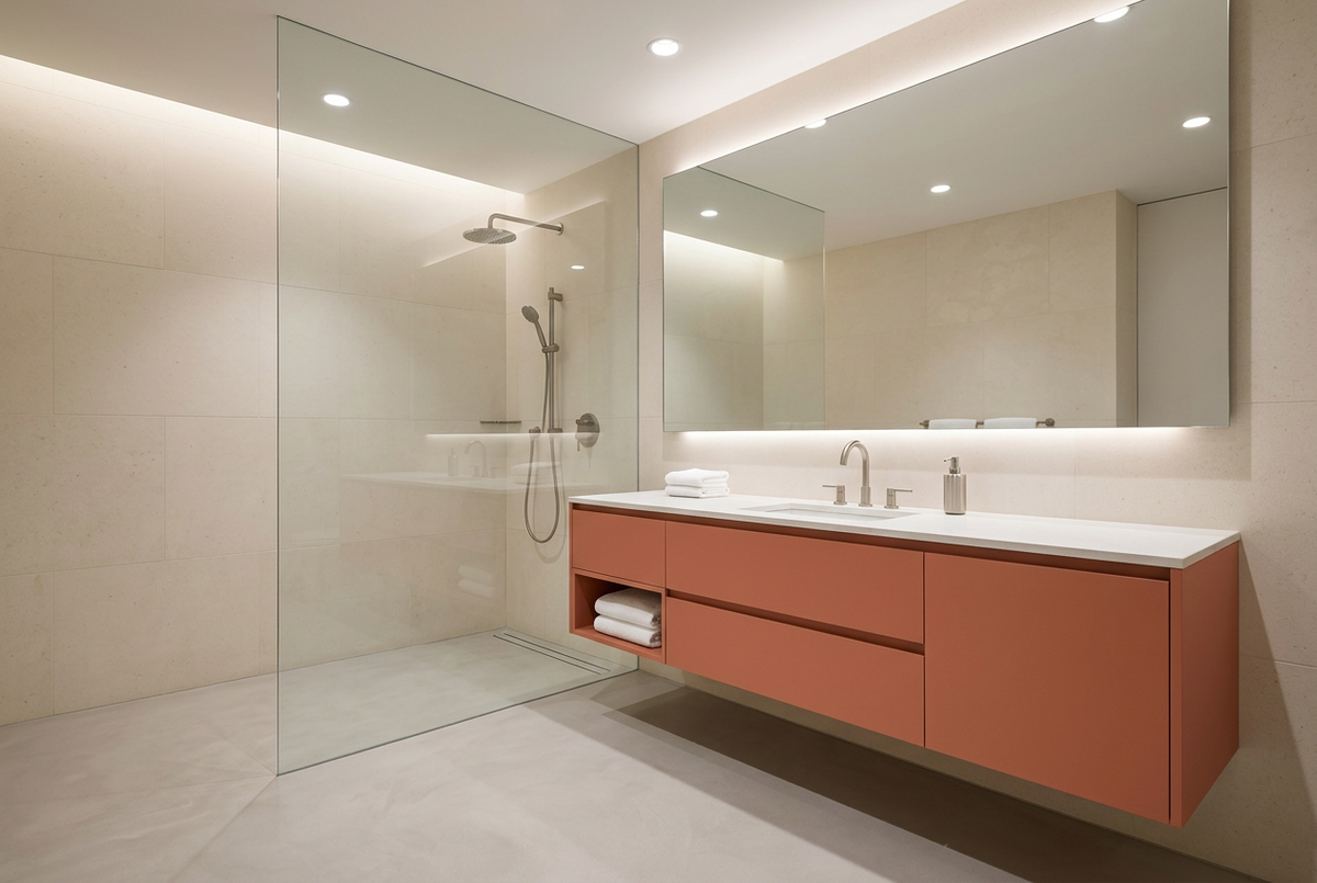 Film adhésif décoratif Cover Styl NL10 Canyon terracotta, finition mate, posé sur  meuble de salle de bain