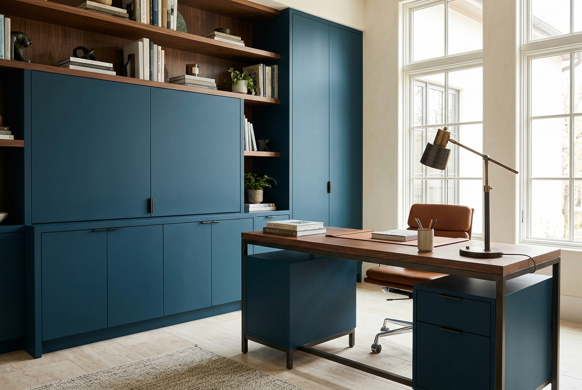 Film adhésif décoratif Cover Styl NL12 Oxford bleu profond aux nuances légèrement vertes, finition Standard mate pour meubles de bureau