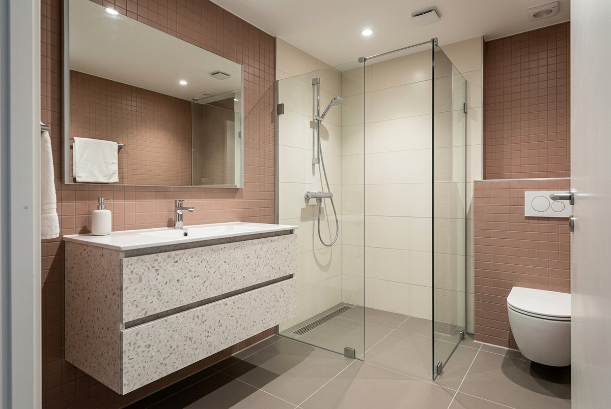 Film adhésif décoratif Cover Styl NL16 Mixed white, décor terrazzo blanc à petits fragments clairs sur fond légèrement grisé et finition Standard mate pour meubles de salle de bain.