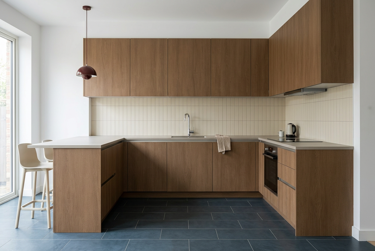 Film adhésif décoratif Cover Styl NL27 Amber Oak chêne brun ambré, veinage longitudinal et finition Prestige mate pour meubles et façades de cuisine.