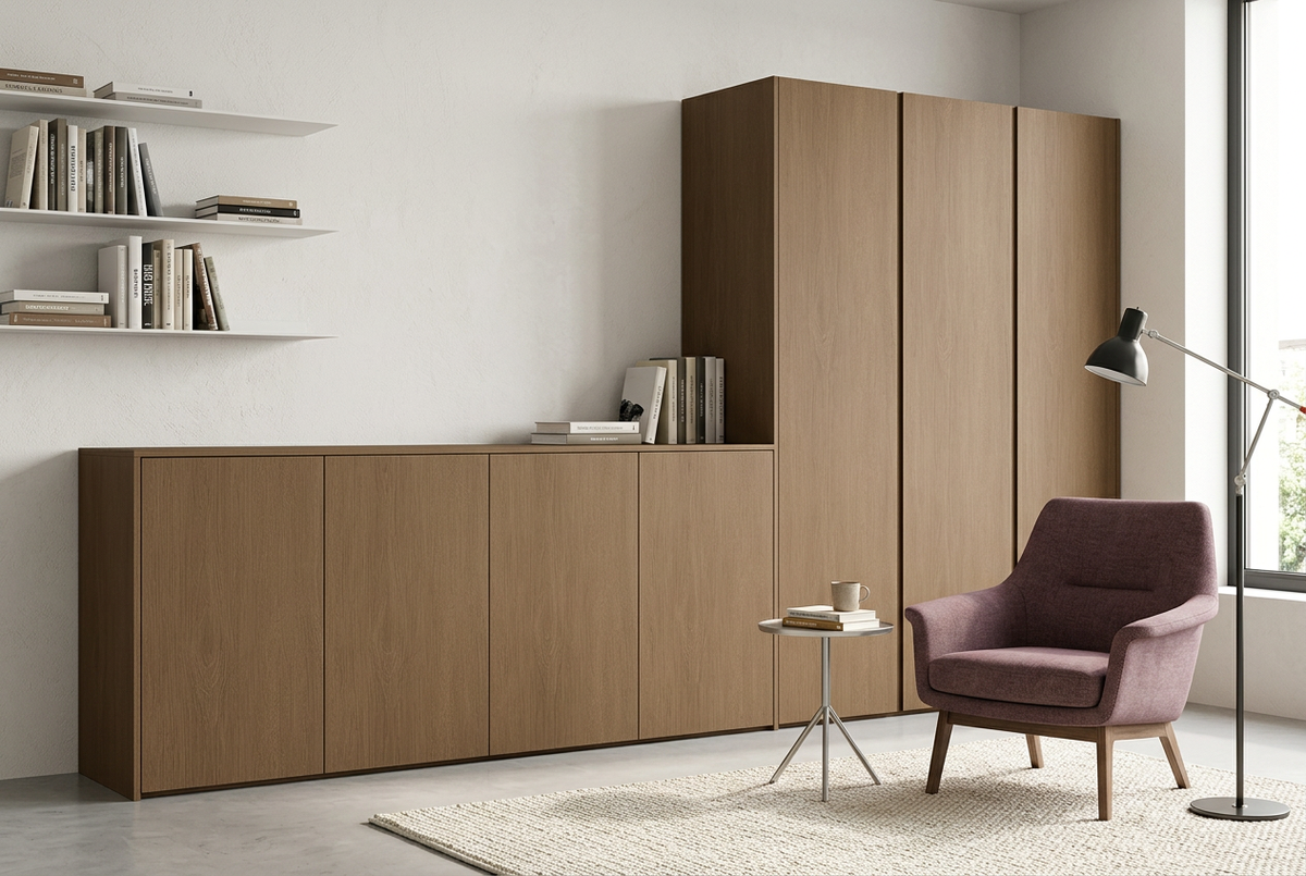 Film adhésif décoratif Cover Styl NL27 Amber Oak chêne brun ambré, veinage longitudinal et finition Prestige mate pour meubles de salon.

