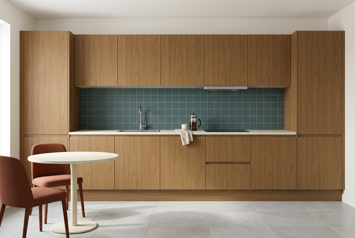 Film adhésif décoratif Cover Styl NL28 Pecan Walnut, décor noyer brun aux nuances chaudes, veinage longitudinal et finition Premium mate pour meubles et façades de salle de bain.
