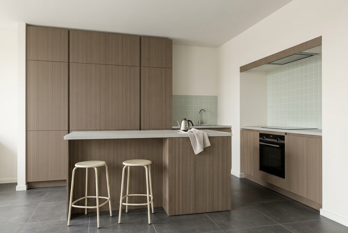 Film adhésif décoratif Cover Styl NL31 Taupe mince, décor bois taupe à fines lignes sombres longitudinales et finition Prestige mate pour meubles et façades de cuisine.