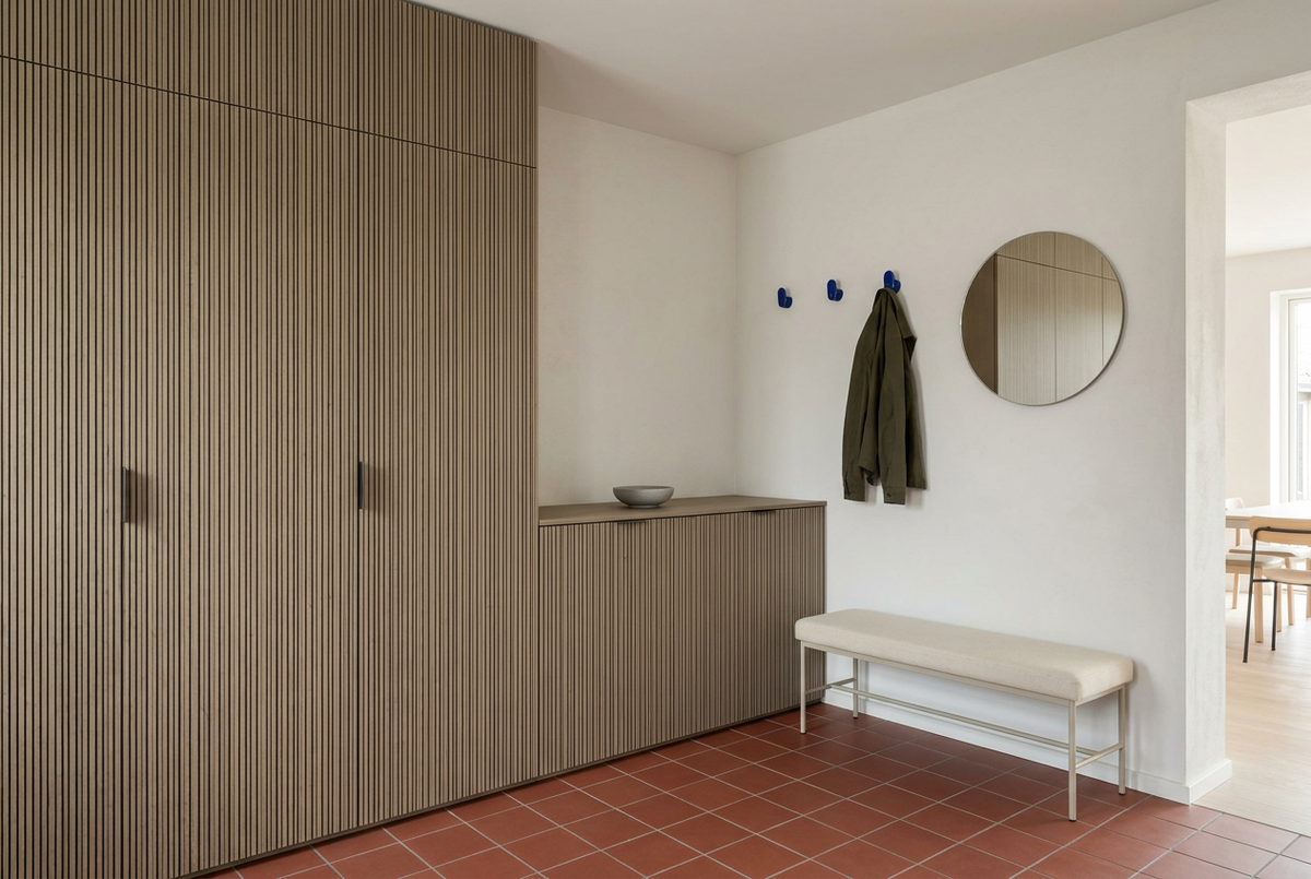 Film adhésif décoratif Cover Styl NL31 Taupe mince, décor bois taupe à fines lignes sombres longitudinales et finition Prestige mate pour meubles d'entrée.
