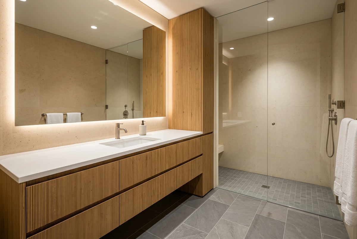 Film adhésif décoratif Cover Styl NL32 Slim Gold, décor bois brun doré à fines lignes longitudinales et finition Prestige mate pour meubles de salle de bain
