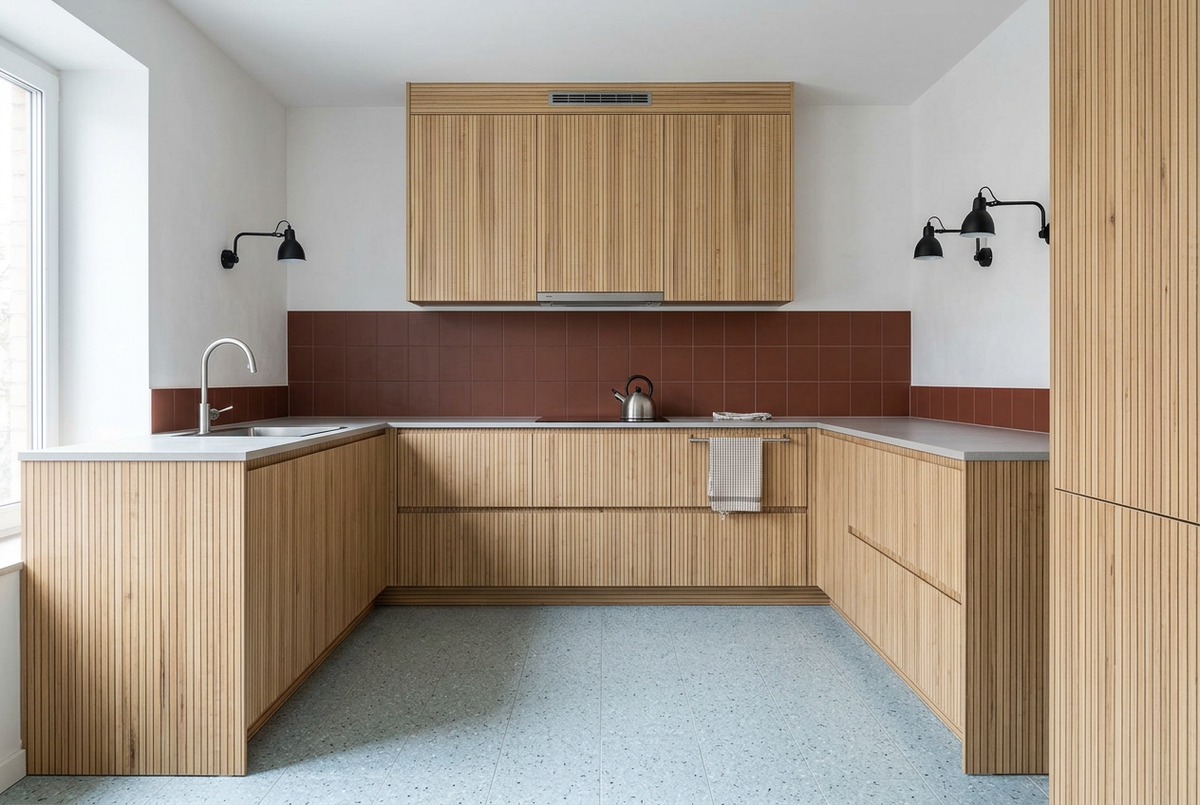 Film adhésif décoratif Cover Styl NL33 Large sable, décor bois beige sable à lignes longitudinales brunes et finition Prestige mate pour meubles et façades de cuisine.

