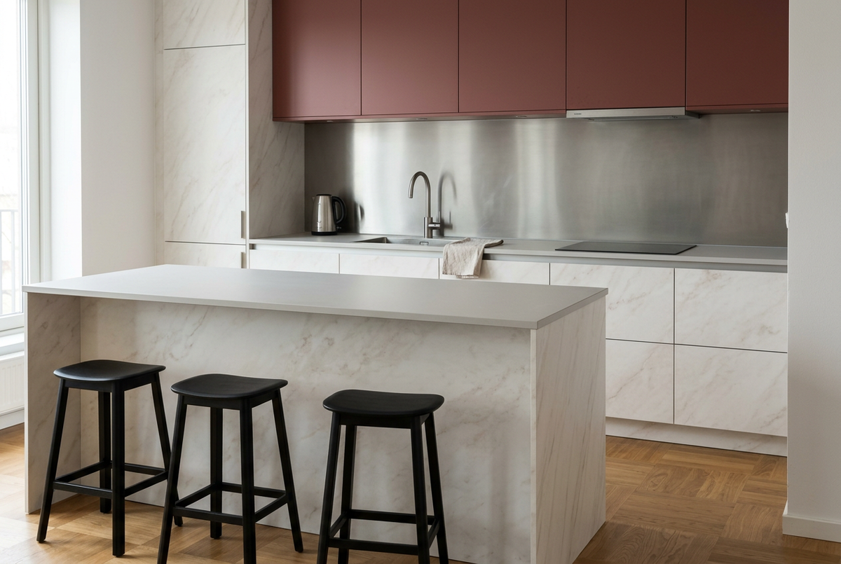 Film adhésif décoratif Cover Styl NL48 Bianco Nebbia, décor marbre blanc aux nuances douces et au veinage discret, finition Premium mate pour meubles et façades de cuisine.