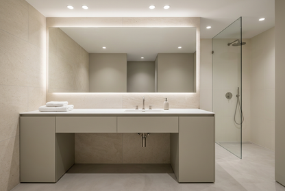 Film adhésif décoratif Cover Styl NL5 Taupe, finition Standard mate, sur les façades des meubles d’une salle de bain