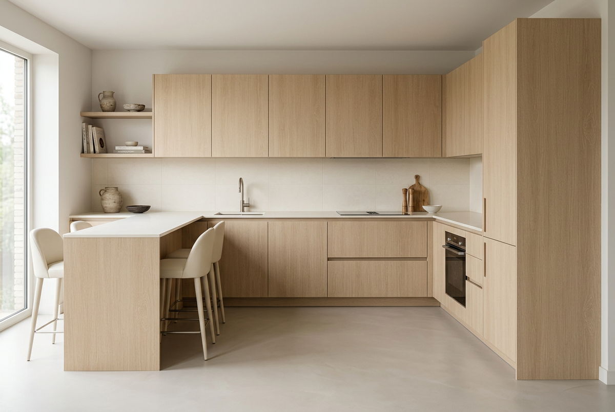 Film adhésif décoratif Cover Styl NL54 Sahara Oak chêne beige clair, veinage longitudinal et finition Prestige mate pour meubles et façades de cuisine.
