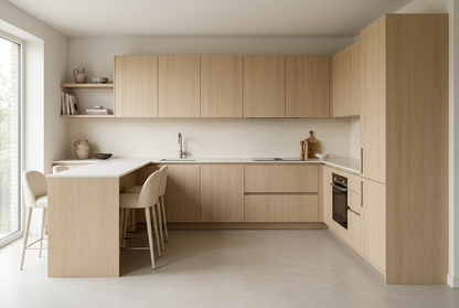 Film adhésif décoratif Cover Styl NL54 Sahara Oak chêne beige clair, veinage longitudinal et finition Prestige mate pour meubles et façades de cuisine.
