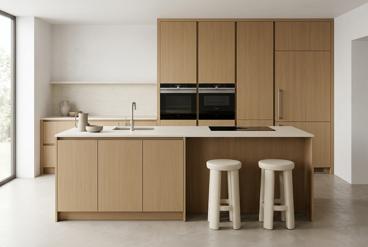 Film adhésif décoratif Cover Styl NL55 Clay Oak chêne beige aux nuances brunes, veinage longitudinal et finition Prestige mate pour meubles et façades de cuisine.