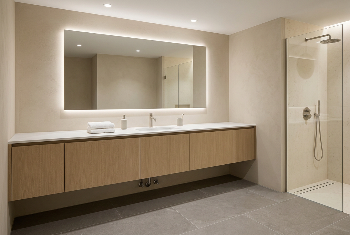 Film adhésif décoratif Cover Styl NL55 Clay Oak chêne beige aux nuances brunes, veinage longitudinal et finition Prestige mate pour meubles de salle de bain.